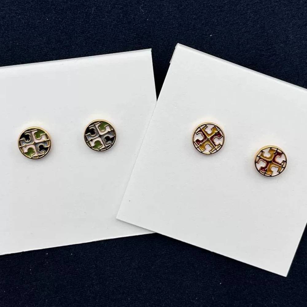 Tory Burch Gold Plated Geometric Round Earrings Multicolor Enamel Colorblock